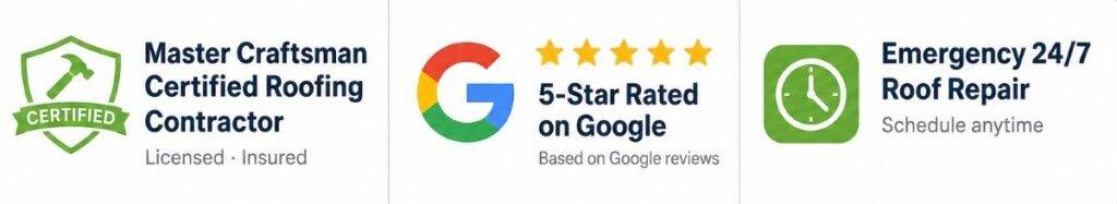 Master Craftsman certified roofing contractor, 5-star Google rated, 24/7 emergency roof repair