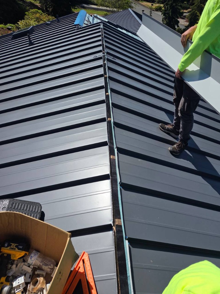 Long-run standing seam metal roof panels on a steep residential slope
