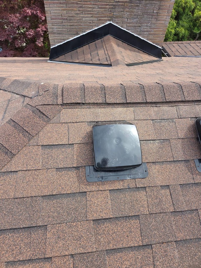 Roof vent and nearby flashing on a brown shingle roof