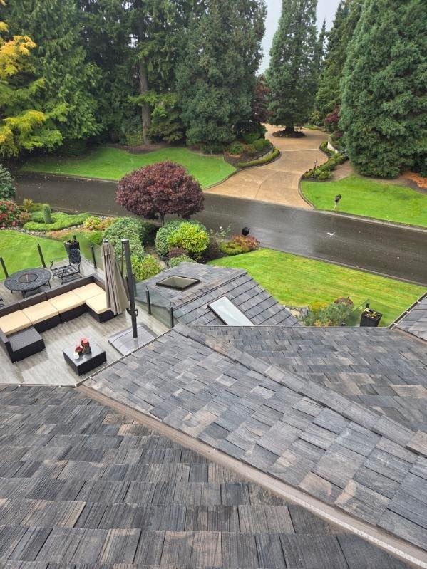 Brava shake roof above a modern patio with outdoor living space