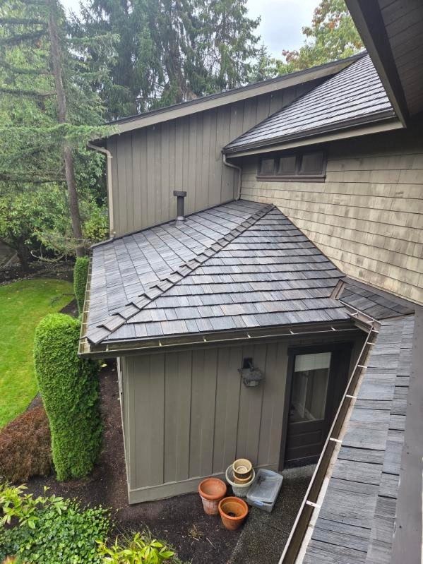 Brava shake roof on board-and-batten siding home with manicured hedge