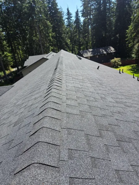 Gray architectural shingle roof ridge cap and vents in Seattle