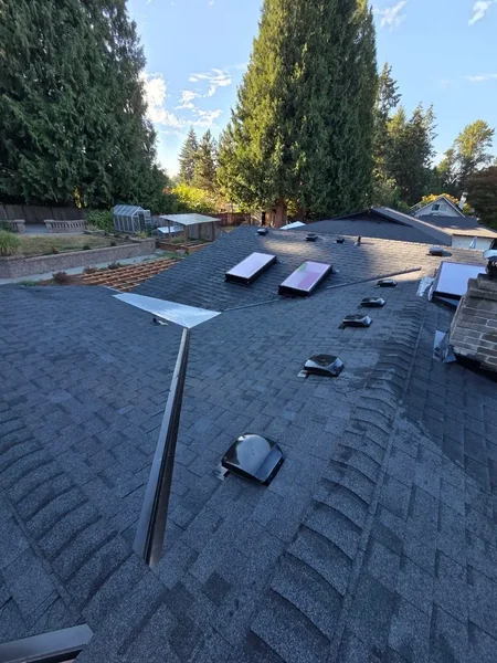 Finished charcoal shingle roof skylights chimney vents