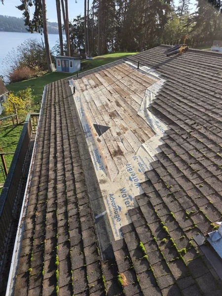 Roof tear-off showing moss and exposed underlayment