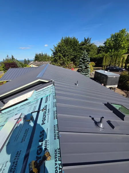 Standing seam metal roof with Polystick underlayment at panel transition