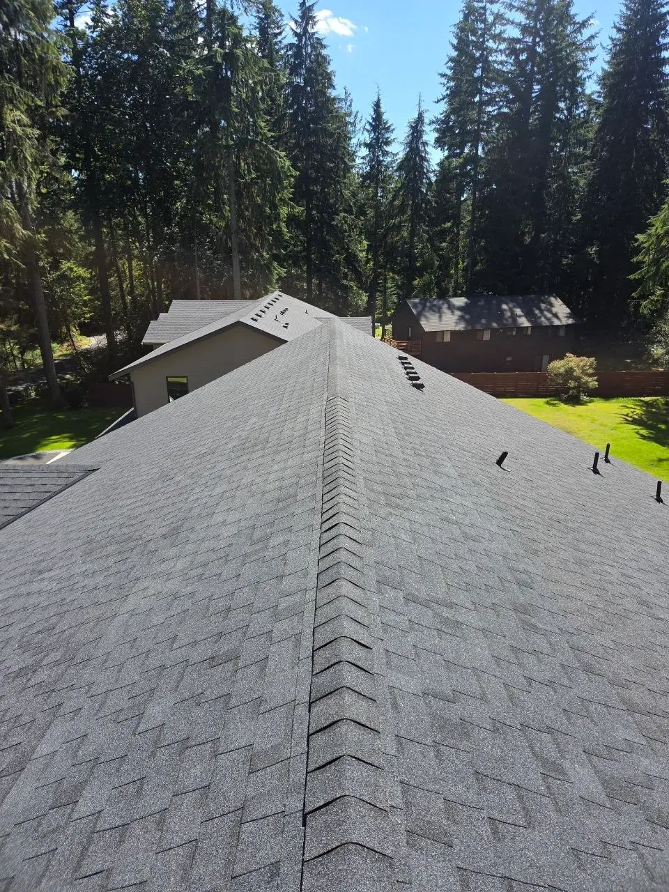 Completed gray shingle roof ridge vents wooded lot in Bellevue