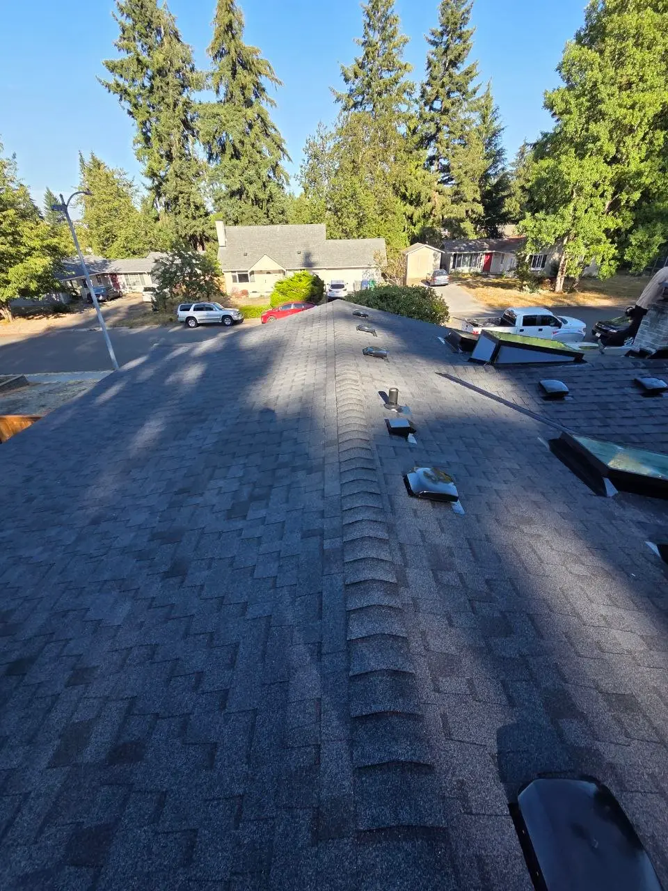 Finished charcoal shingle roof skylights street view in Bothell