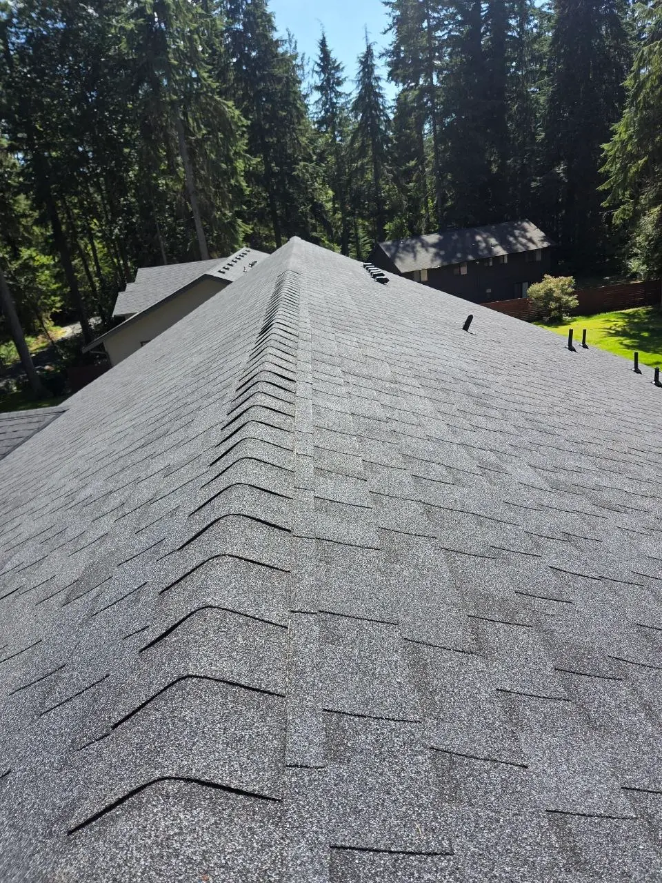 Gray architectural shingle roof ridge cap and vents