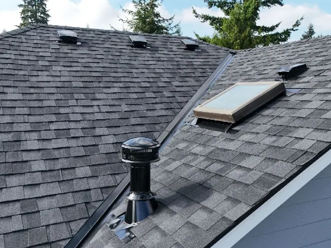 Skylight and roof vents on a residential roof after repair work