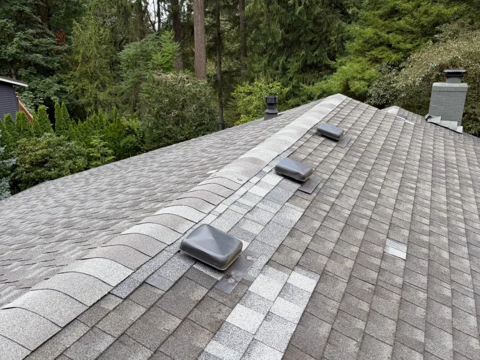 Localized new shingles around roof vents after leak repair