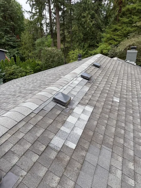New shingles installed around vents after a localized leak fix
