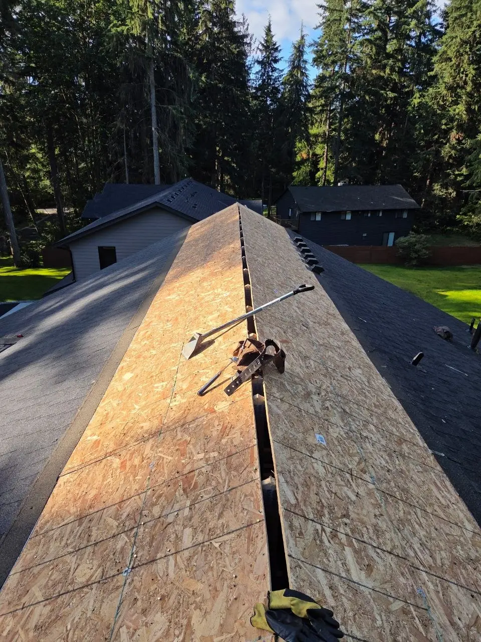 Ridge decking with tools and gloves