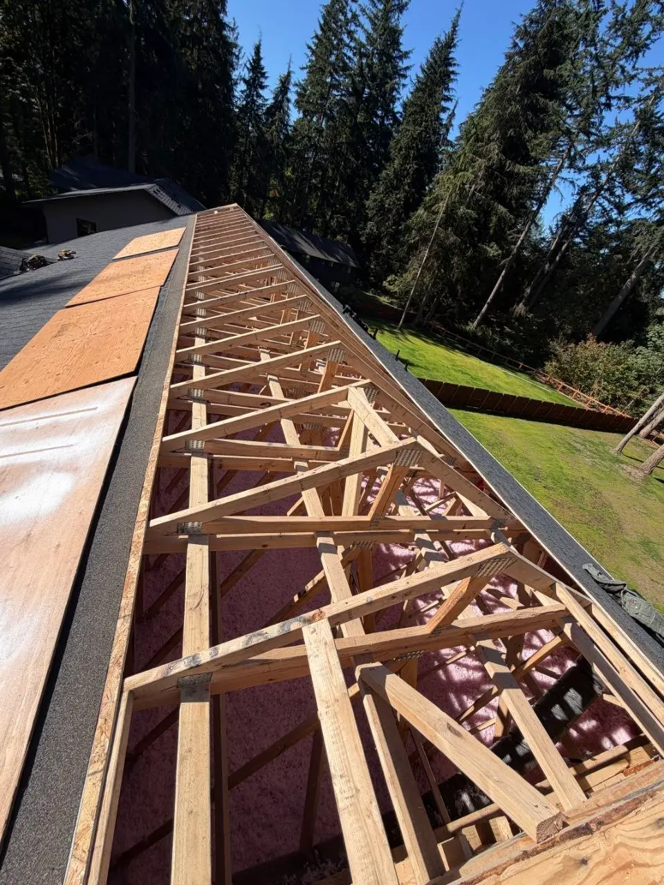 Exposed framing and insulation at the ridge