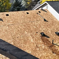 Exposed roof sheathing during a full-field shingle roof replacement