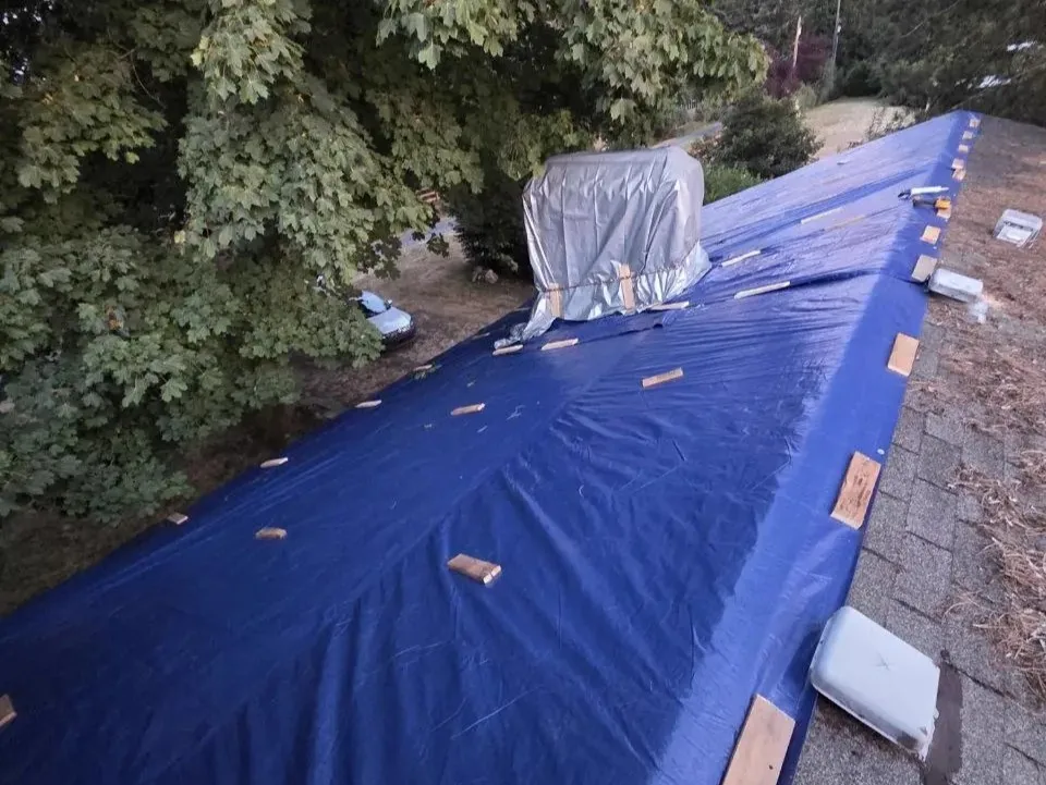 Blue tarp secured over a roof during emergency leak repair